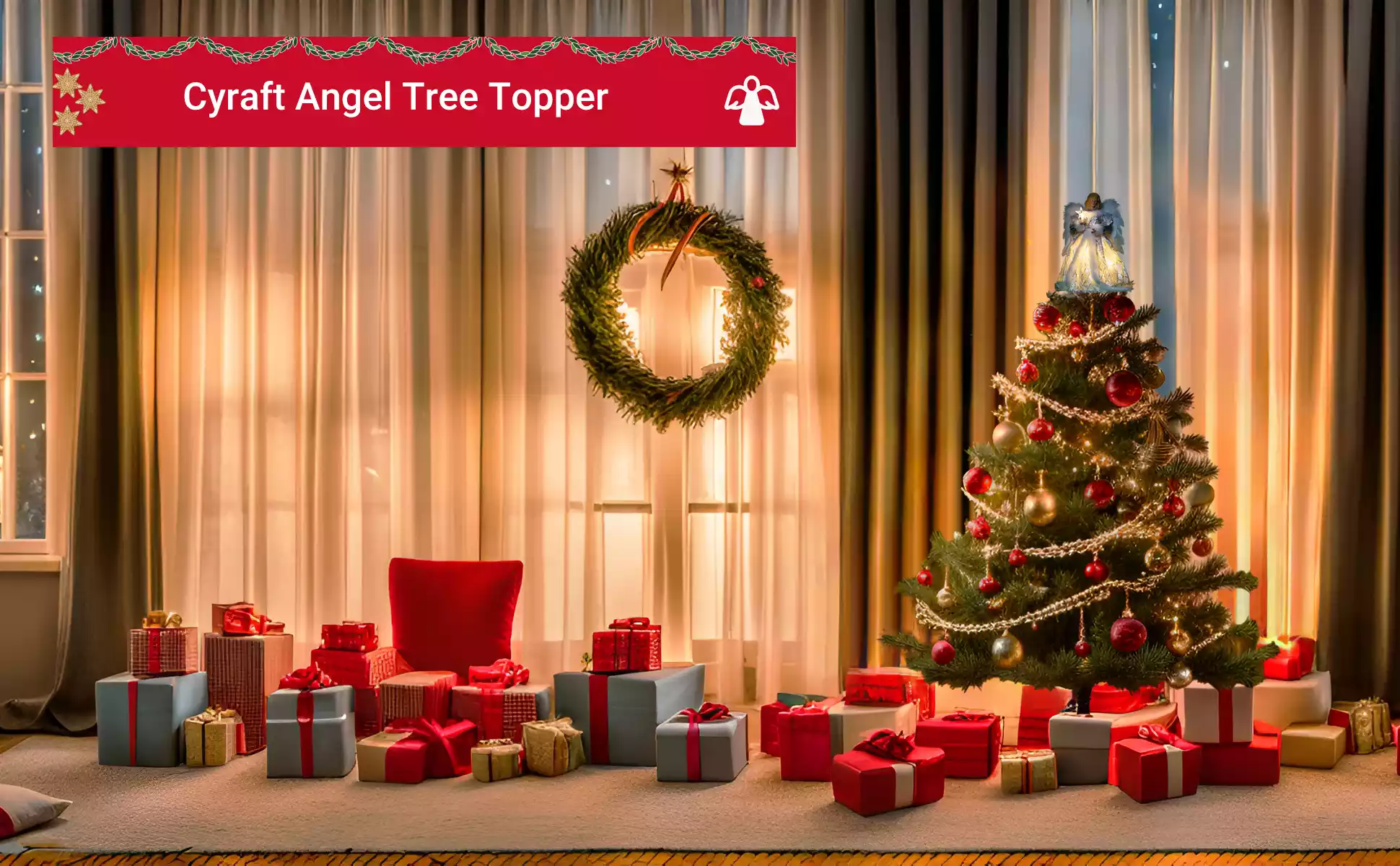 A white angel tree topper on the top of the tree glows in a Christmas-decorated room at night