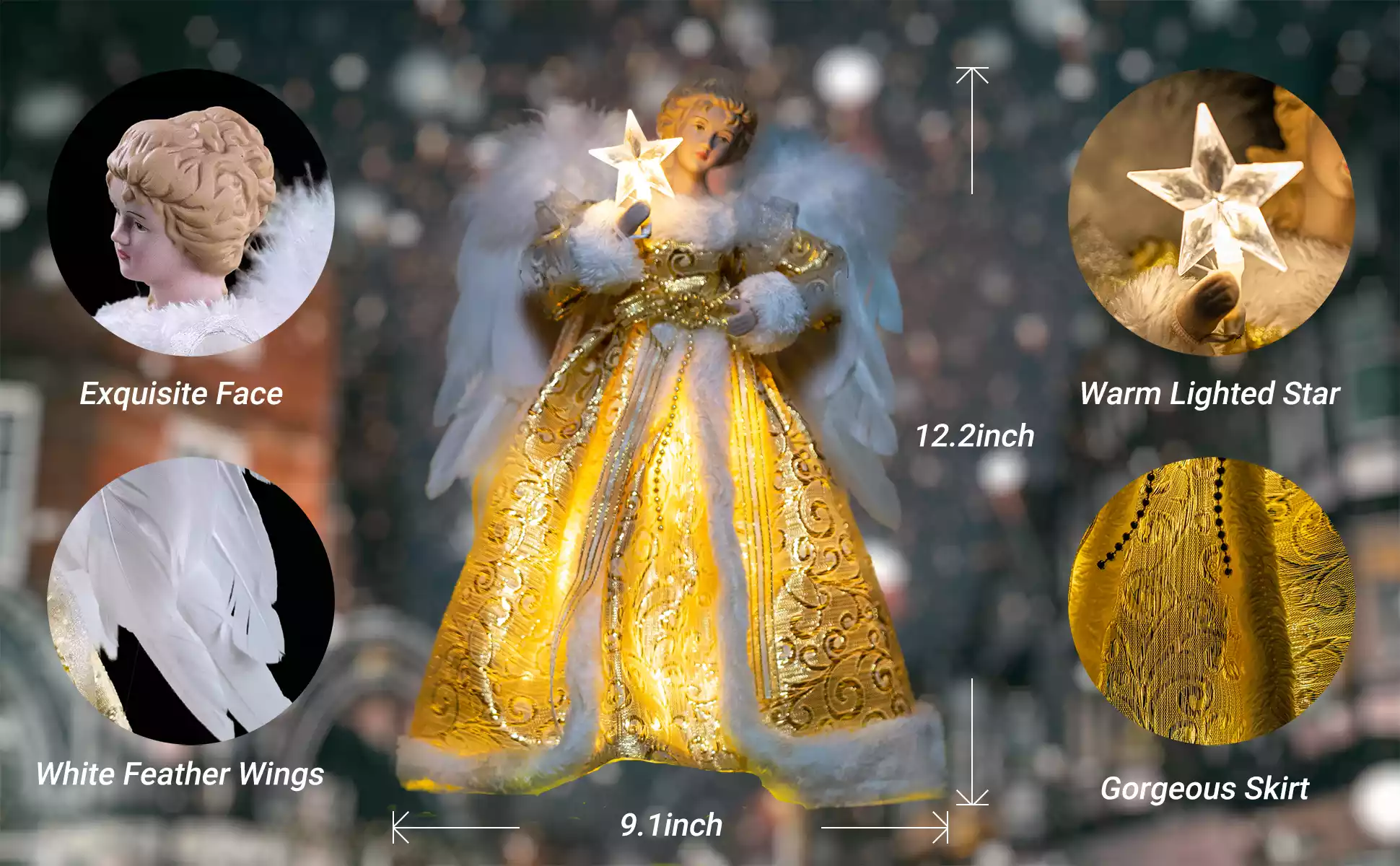The angel tree topper has an exquisite face, white feather wings, and a warm, lighted star held