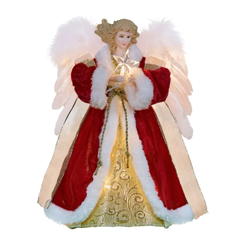 A lighted white woman red cloth angel tree topper with moving wings