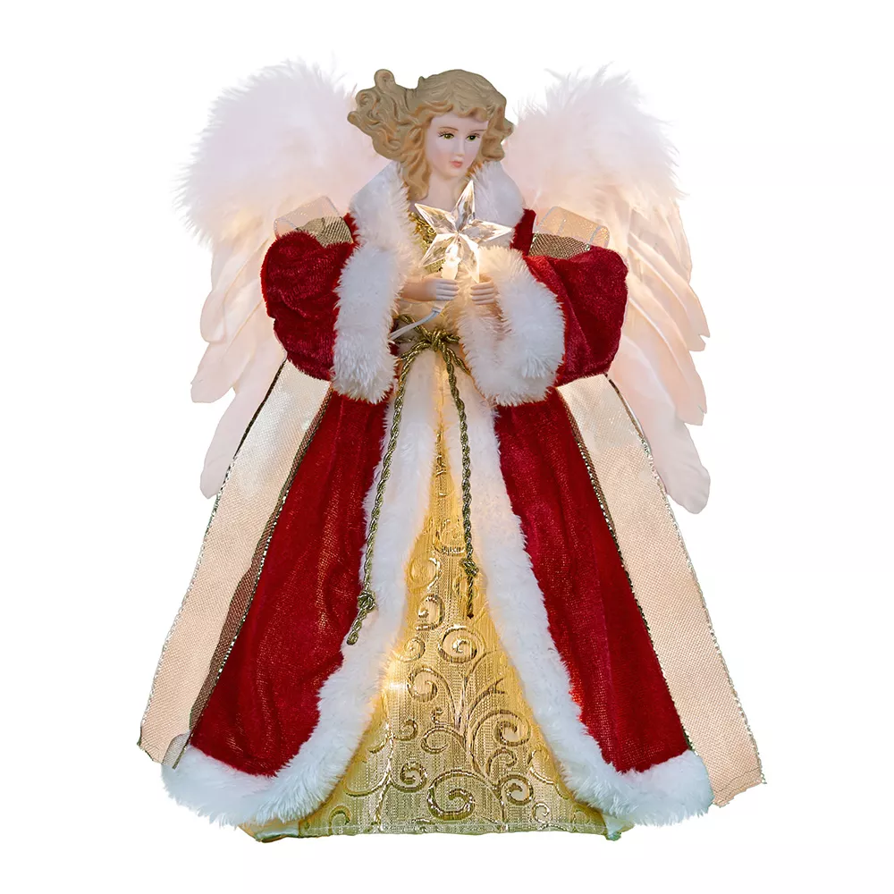 A lighted white woman red cloth angel tree topper with moving wings