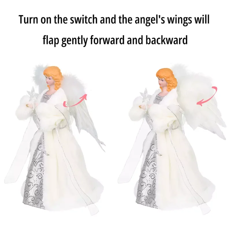 The wings of the white woman angel tree topper with white cloth flap gently forward and backward