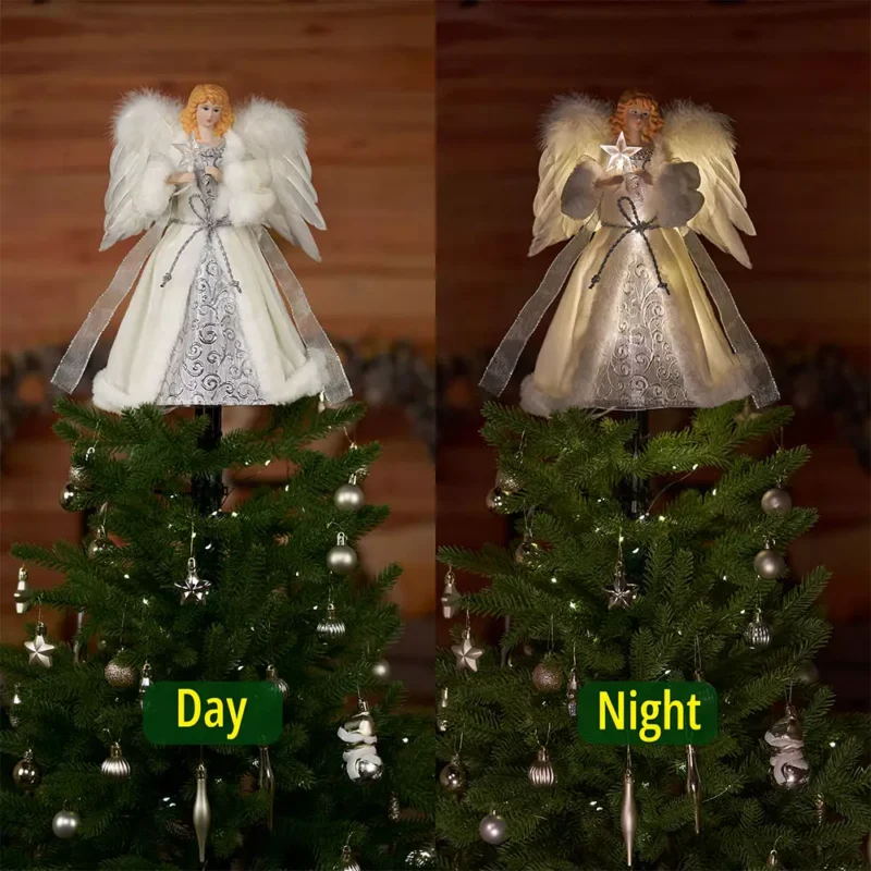 The day and night difference of white woman angel tree topper dressed with white cloth