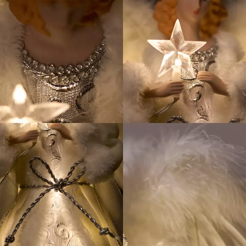 The details of white woman angel tree topper dressed with white cloth