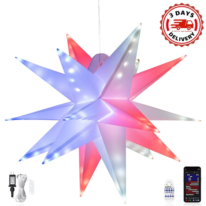 31.5″ Large Moravian Star Tree Topper Lighted Smart 3D Foldable Christmas Star Tree Topper with Stabilizer