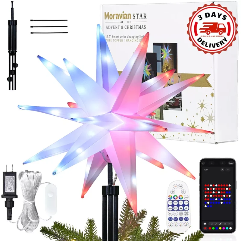 15.7″ Medium Moravian Star Tree Topper Lighted Smart 3D Foldable Christmas Star Tree Topper with Stabilizer