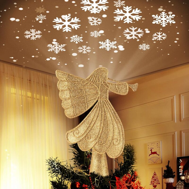 Built-in LED Snowflake Projector Lights Angel Tree Topper