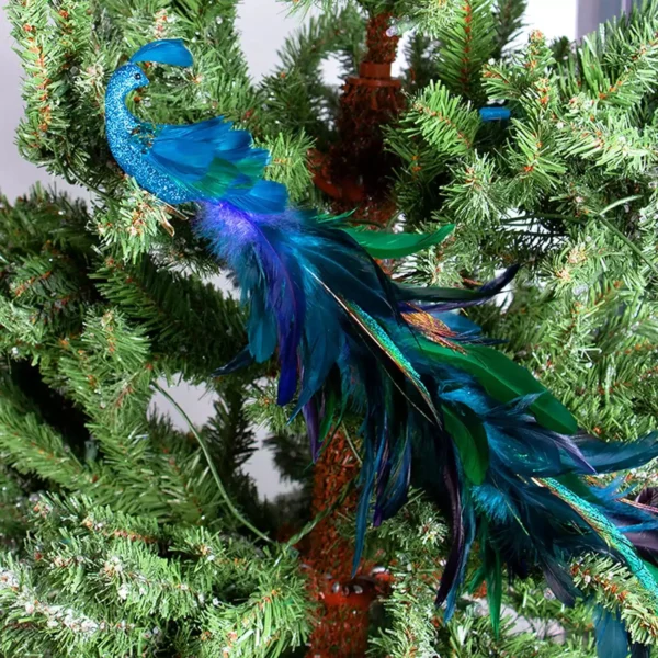 A peacock perches on the Christmas tree, its long tail is very eye-catching