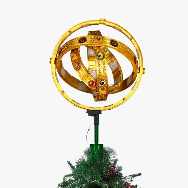 The front of a gold Biblically accurate ophanim angel on top of the Christmas tree