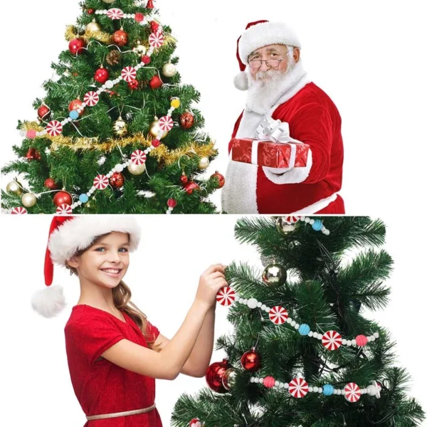 A man and girl are hanging the beaded Christmas tree garland to Christmas tree