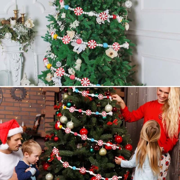 The family are hanging the beaded Christmas tree garland to Christmas tree
