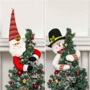 The santa and snowman tree topper are hugging the Christmas tree