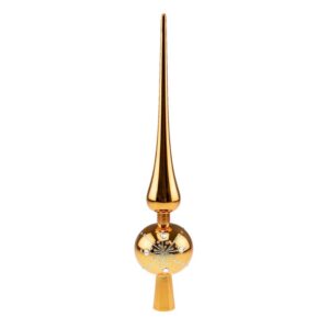 There is a gold 2 tier ornaments finial tree topper christmas tree decoration