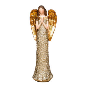 There is a gold guardian angel statue on a white background