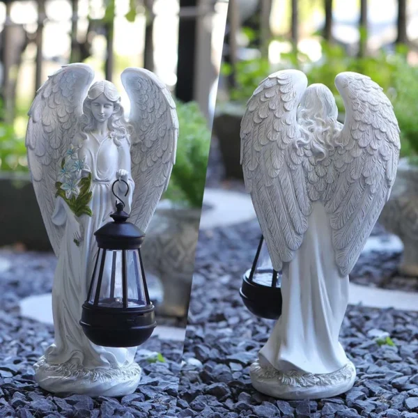 The front and back of resin garden praying angel statue