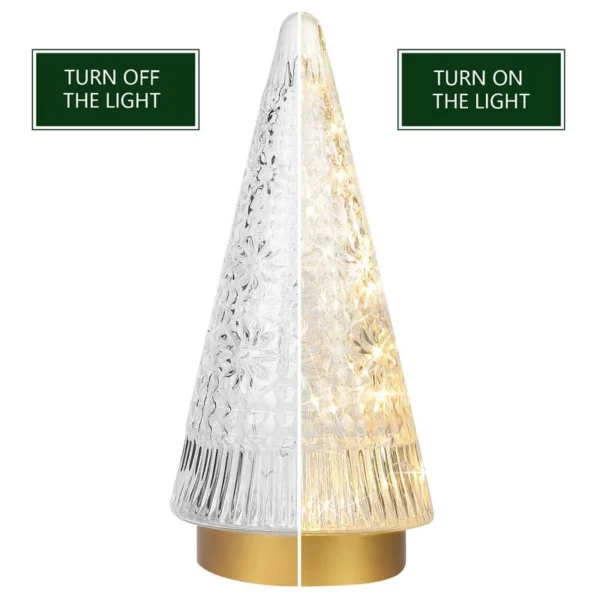The two appearance of the sparkling glass Christmas trees with LED Lights when the light turn on and turn off