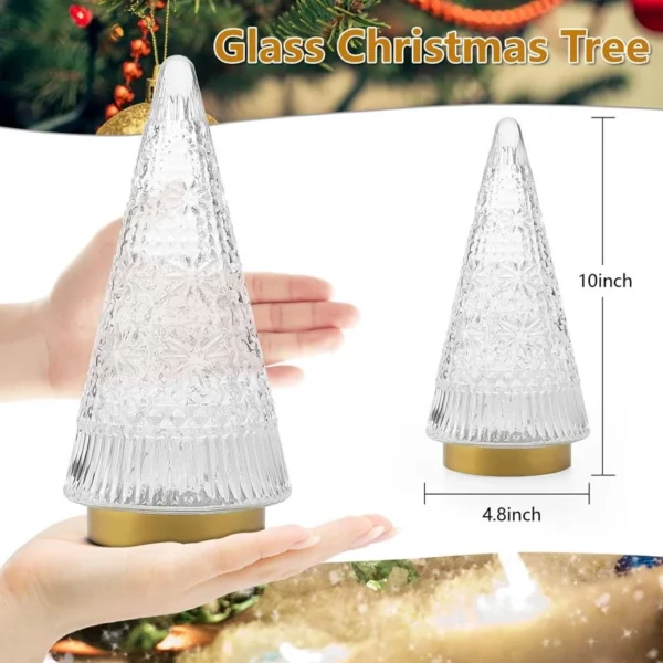 The height of sparkling glass Christmas trees with LED Lights is 10inch, width is 4.8 inch