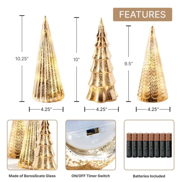The features of 3 champagne gold mercury finish glass Christmas tree