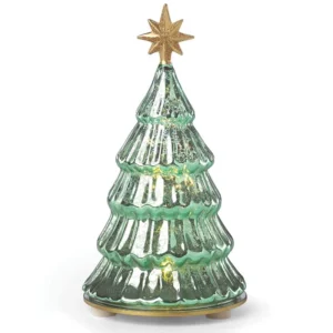 There is a star lit pine tree glass Christmas tree