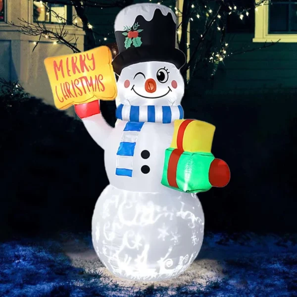 Inflatable Snowman Christmas ornaments with rotating LED lights glowing in the night