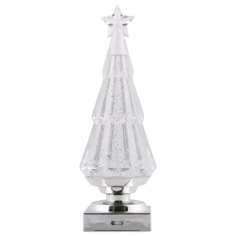 The lighted crystal christmas tree with swirling glitter snow globe, front