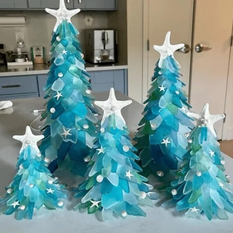 There are five sea glass Christmas trees in three types of sizes