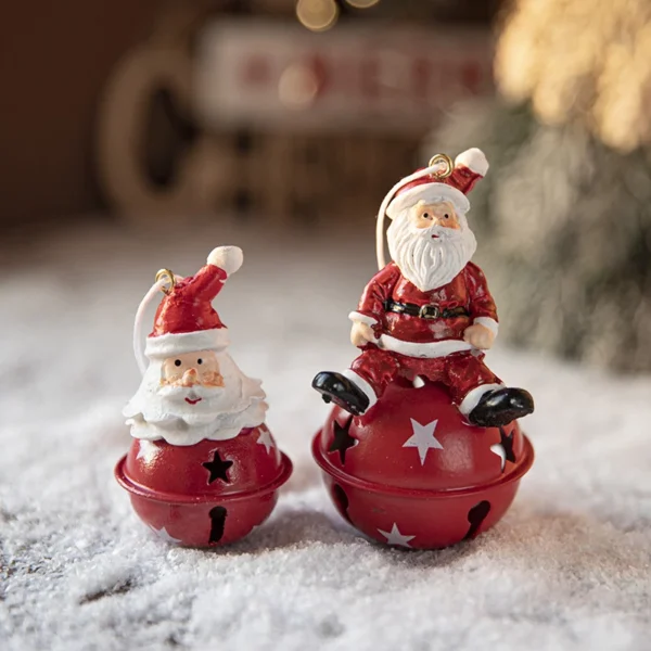A small and a big painted jingle bell Santa Christmas ornaments
