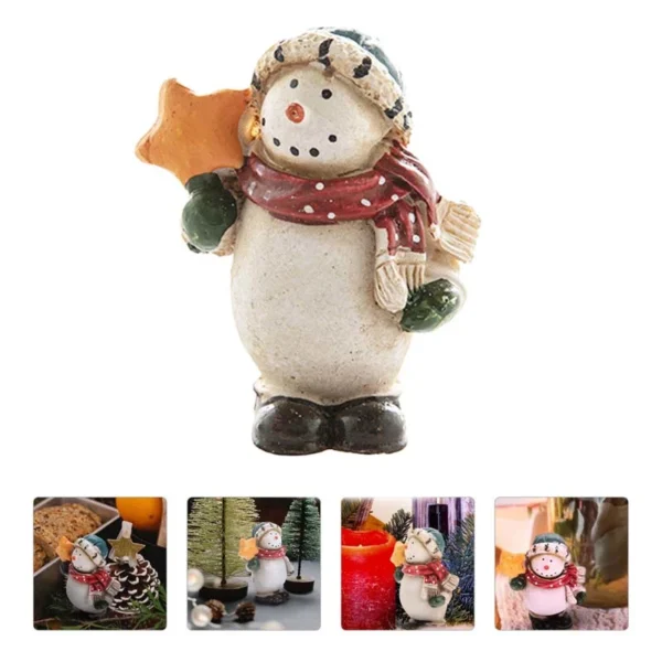 A painted Snowman resin figurine holding a star and details of it