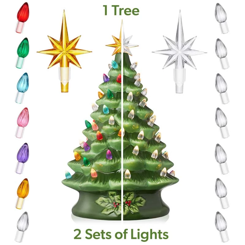 Each green ceramic Christmas tree comes with two sets of lights and stars