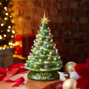 There is a 15" green vintage ceramic Christmas tree on the desk