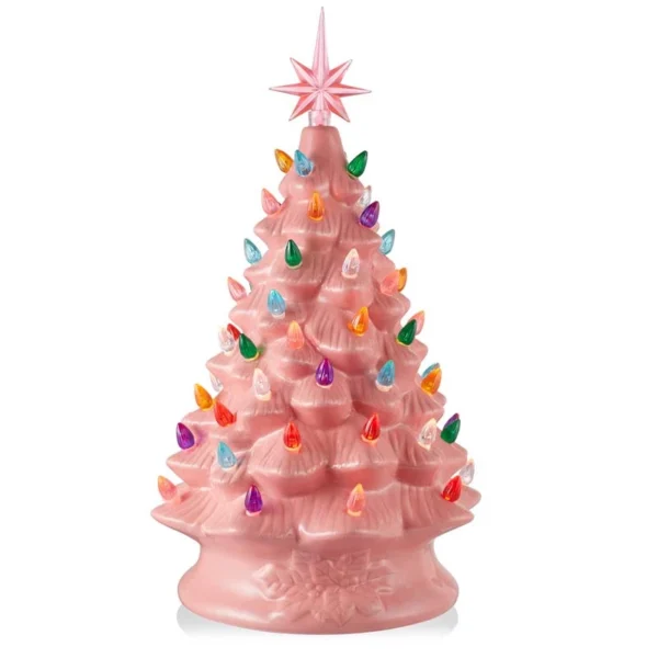 Front of 15" pink vintage ceramic Christmas tree