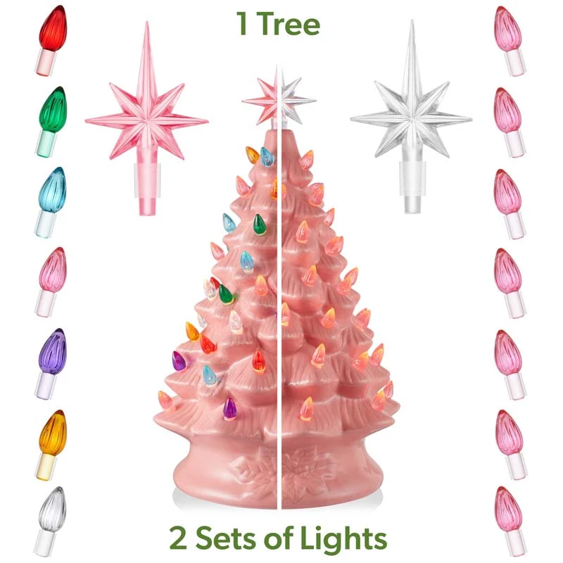 Each pink vintage ceramic Christmas tree comes with two sets of lights and stars