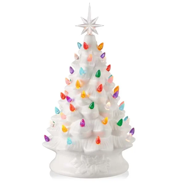 Front of 15" vintage white ceramic Christmas tree