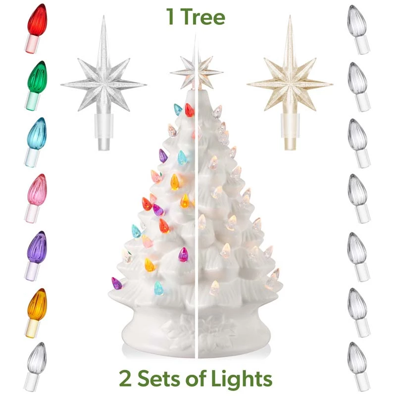 Each white ceramic Christmas tree comes with two sets of lights and stars