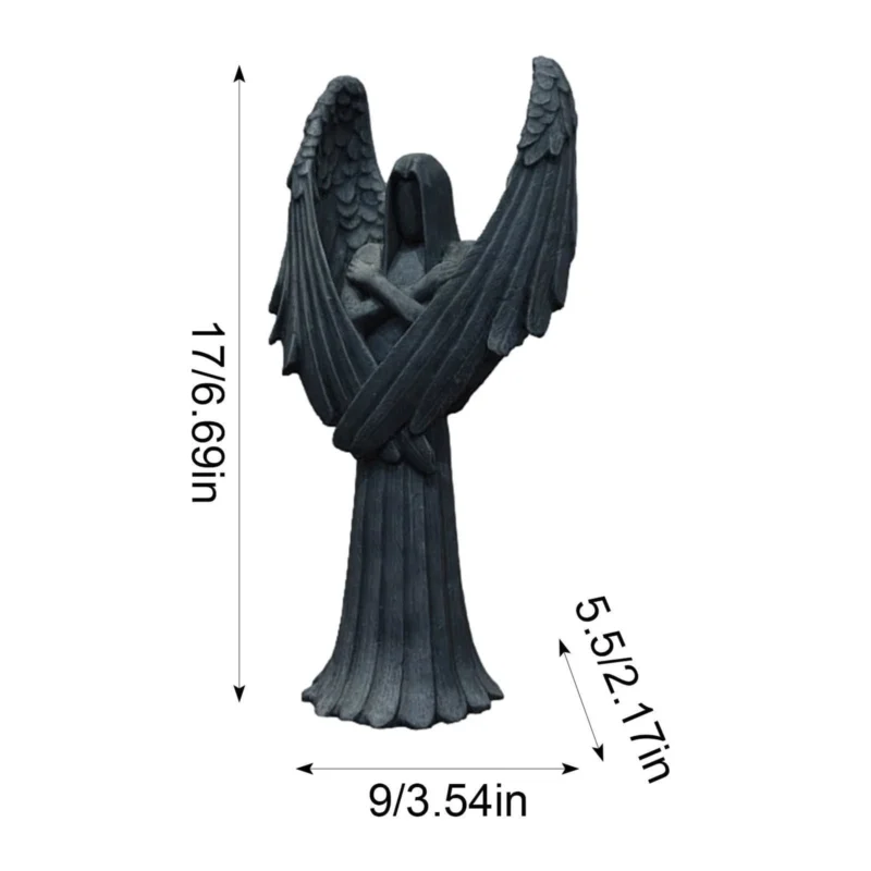 The black fallen angel statue measures 3.54 inches in length, 5.52 inches in width, and 6.69 inches in height