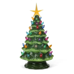 Front of 11" green vintage ceramic Christmas tree with a yellow star