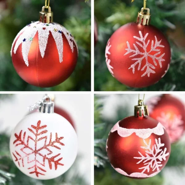 There are four red and white Christmas ball ornaments