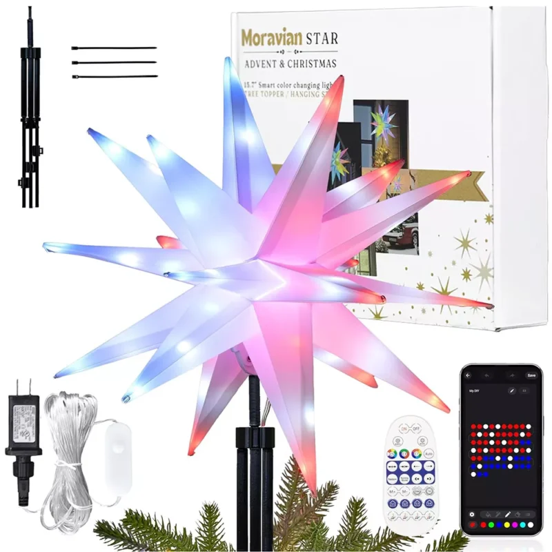 The medium Moravian Star Tree Topper contains a star and a support kit, power, and a remote control