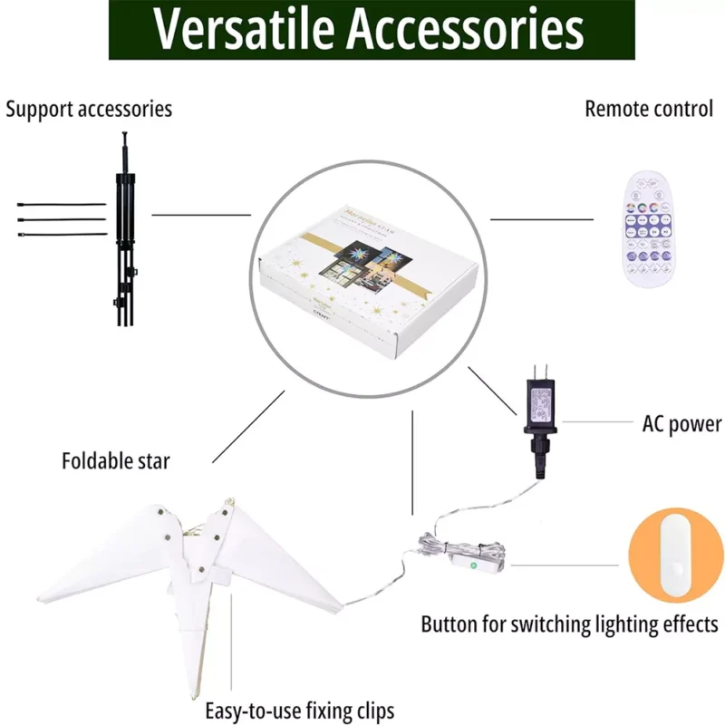 The medium Moravian Star Tree Topper contains a star and a support kit, power, and a remote control