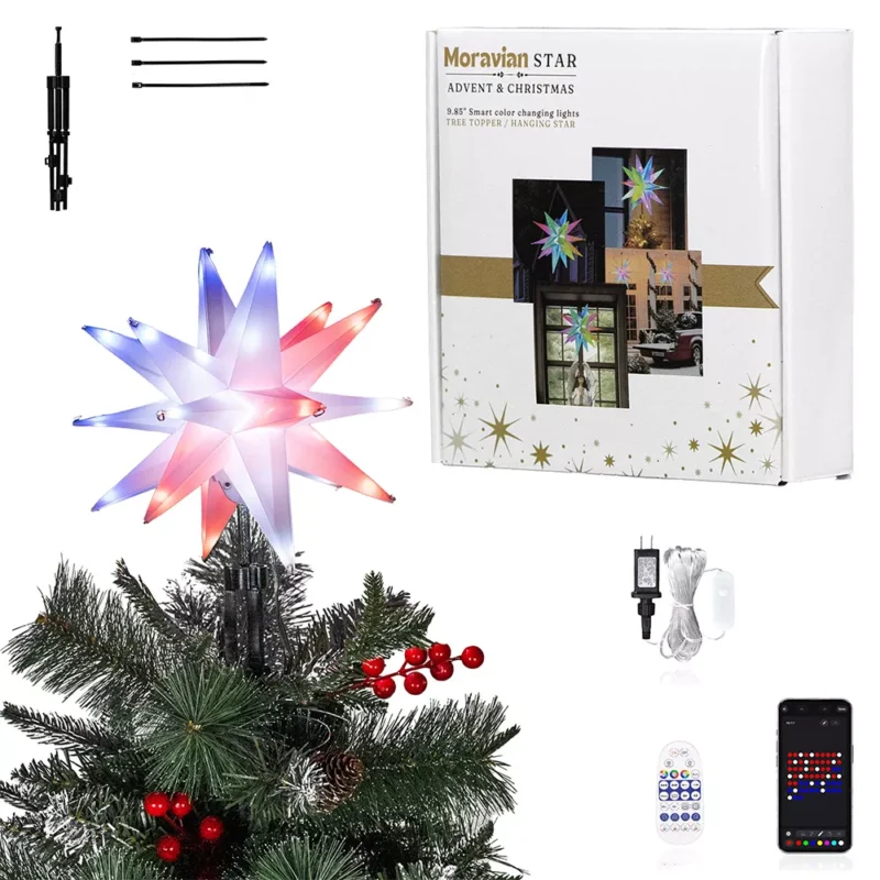 The large Moravian star tree topper is color changed, suitable for trees under 4ft