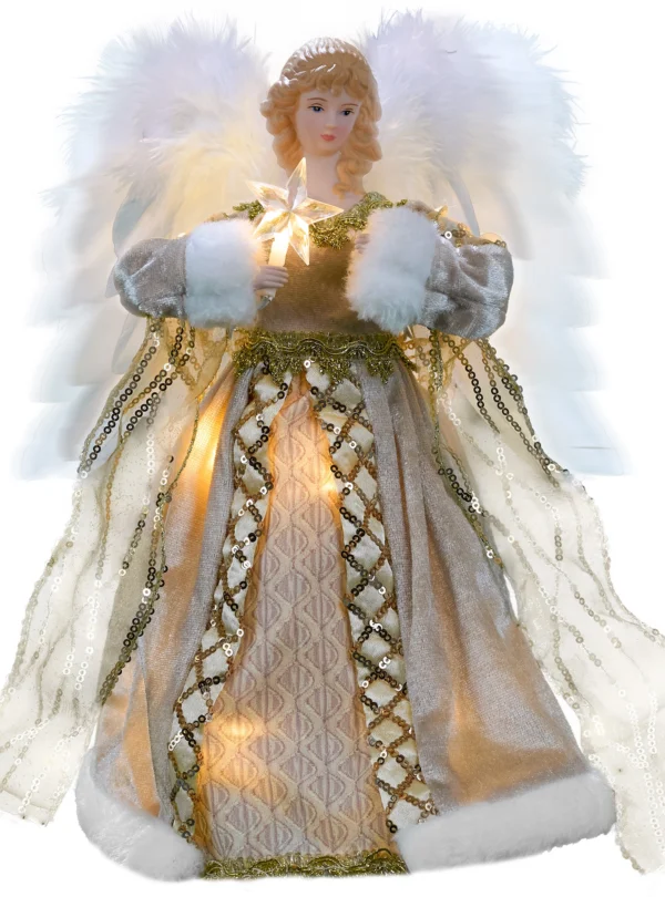 A 12-inch animated luvury gold angel tree topper with lights