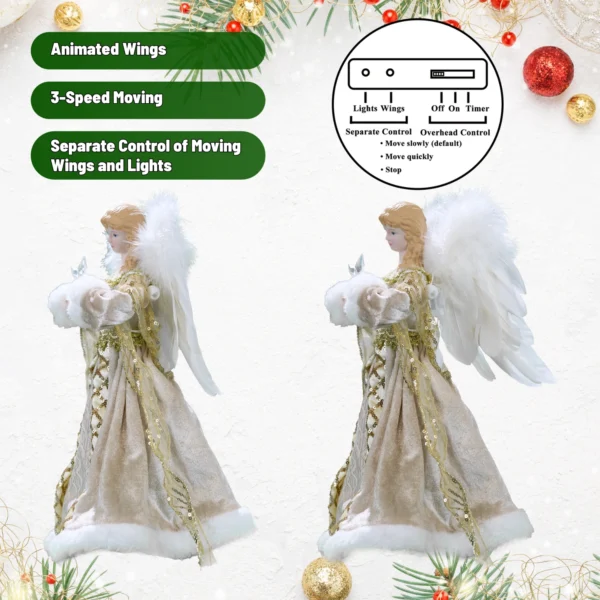 Gold animated angel tree topper with three-speed moving wings, independent lights and wings control