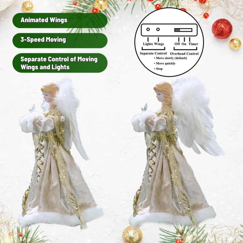 Gold animated angel tree topper with three-speed moving wings, independent lights and wings control