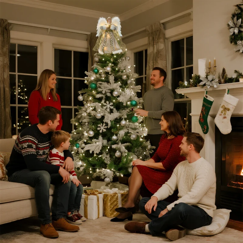 Family gathered around Christmas tree admiring a lucury gold animated angel tree topper