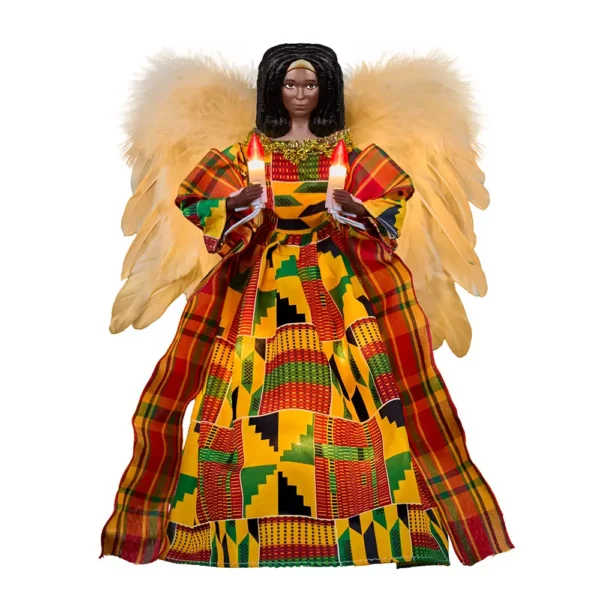 An black woman angel tree topper with kente cloth