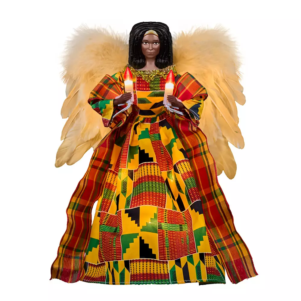 An black woman angel tree topper with kente cloth