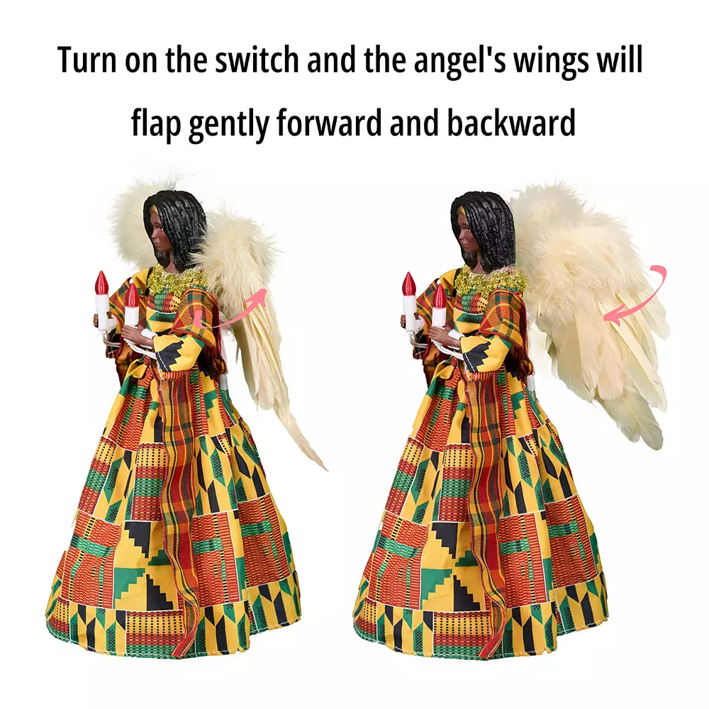 The wings of the black woman angel tree topper with kente cloth flap gently forward and backward