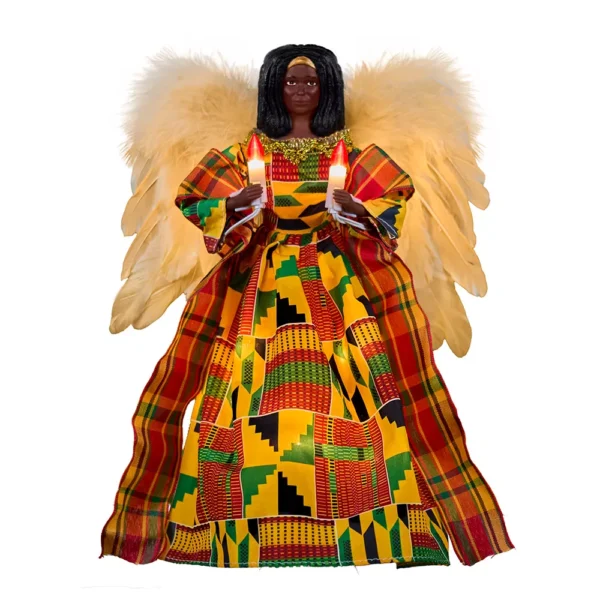 A lighted african american black woman kente cloth angel tree topper