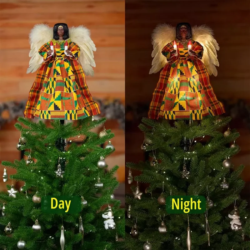 The day and night difference of black woman angel tree topper dressed with kente cloth