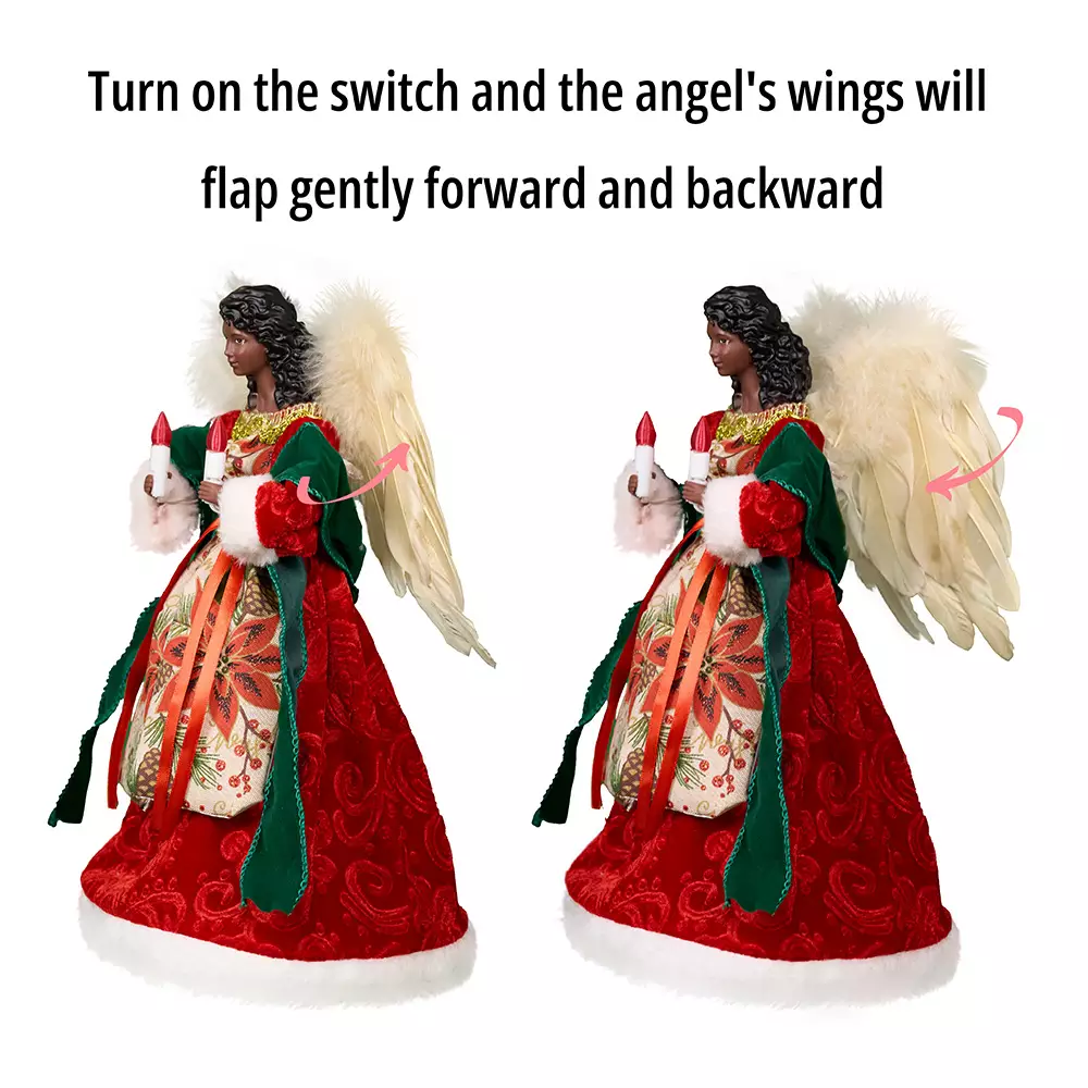 The wings of the black woman angel tree topper with red cloth flap gently forward and backward