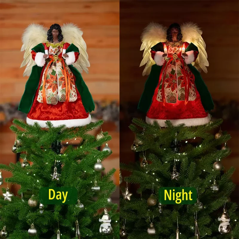 The day and night difference of black woman angel tree topper dressed with red cloth